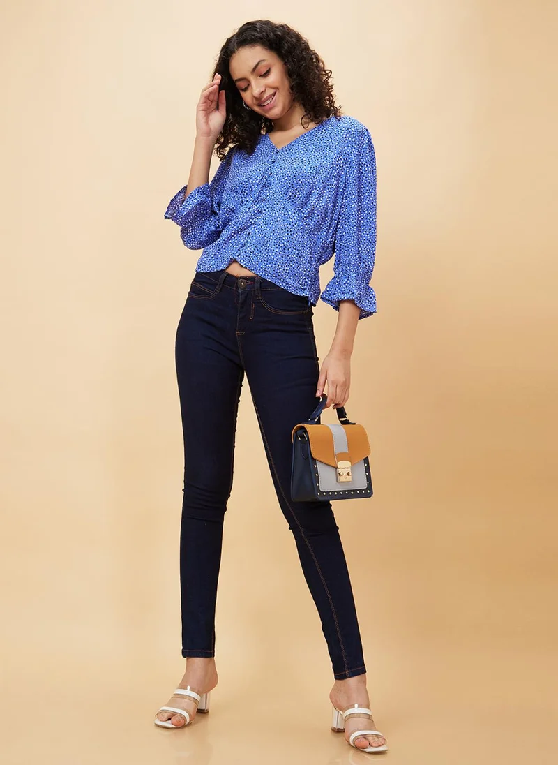 globus Globus Women Blue Polka Dots Printed V-Neck Gathered Detailed Regular Top